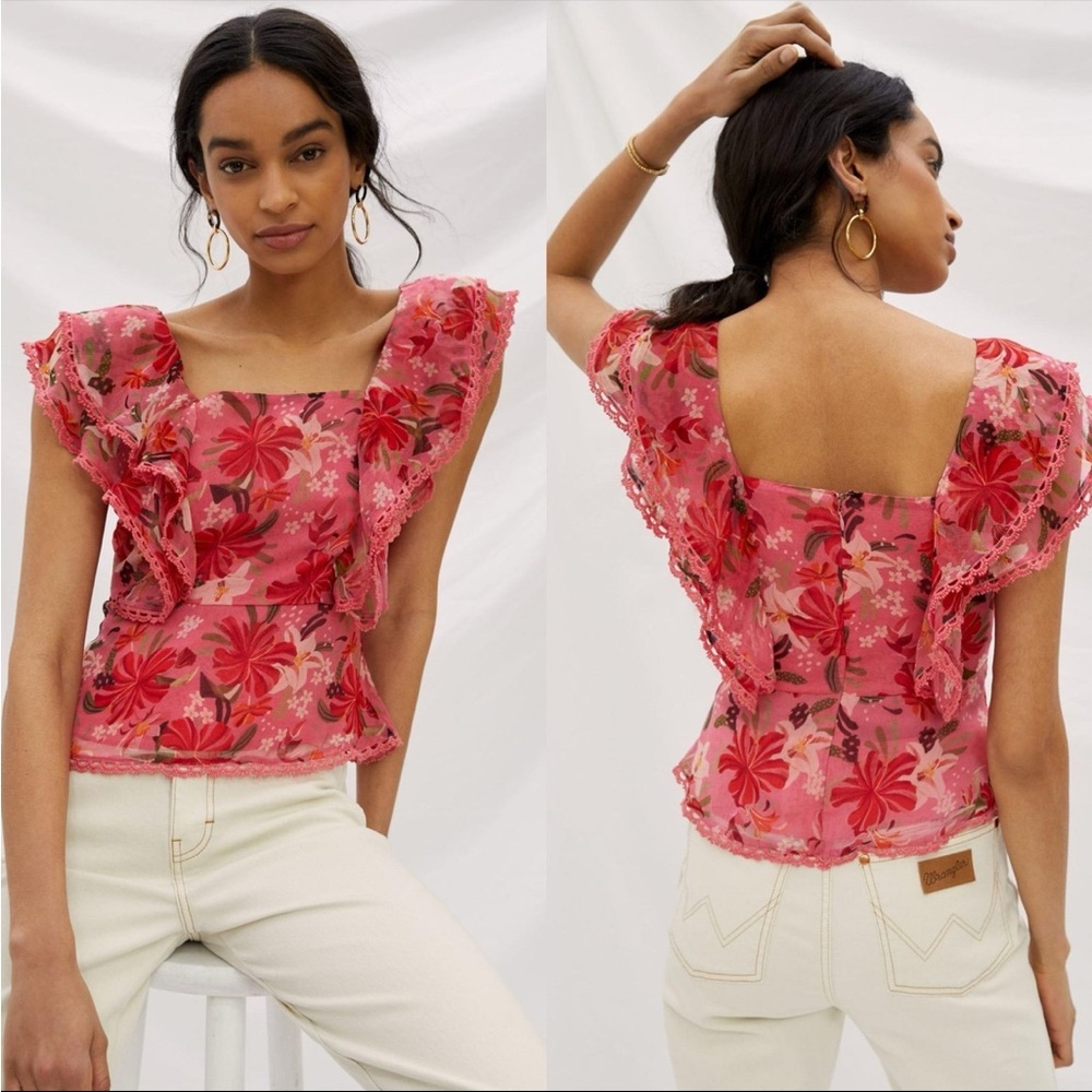 FARM Rio Pink Red Floral Ruffle Square-Neck Blouse